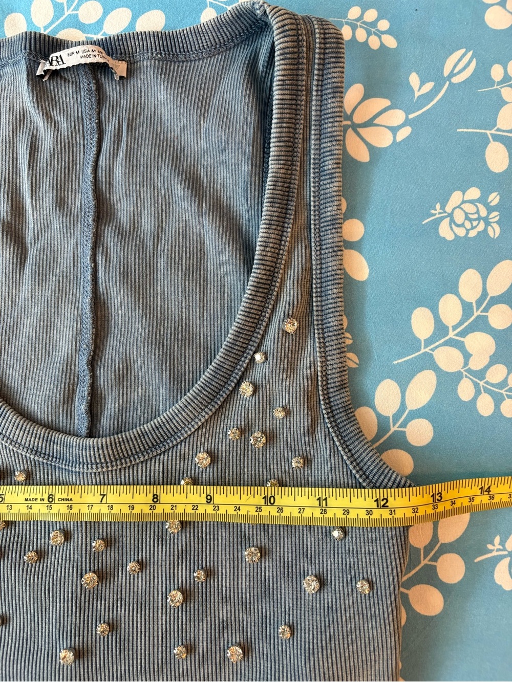 Zara Blue Ribbed Rhinestone Crop Tank - Picture 6 of 7